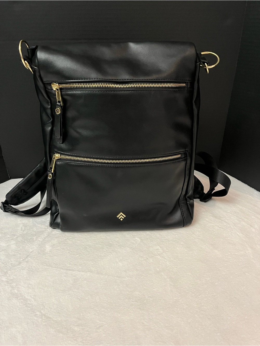 Allancia Black Vegan Leather Backpack/Tote Commuter Bag- w Gold Hardware